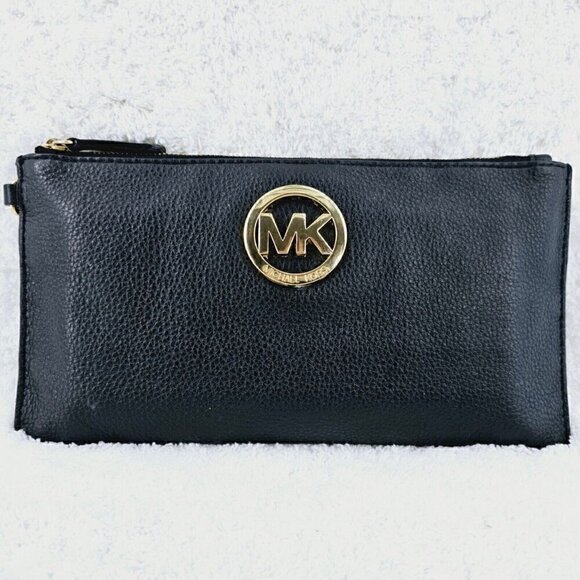 MICHAEL KORS Black Pebble Leather Jet Set Large Travel Clutch Wallet Wristlet - Picture 2 of 14